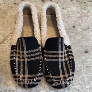 Rothy's Black and Tan Plaid Slippers